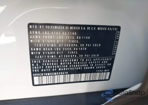 2025 Volkswagen Tiguan 2.0T S z USA, uszkodzony, nr VIN 3VVCR7RMXSM028679